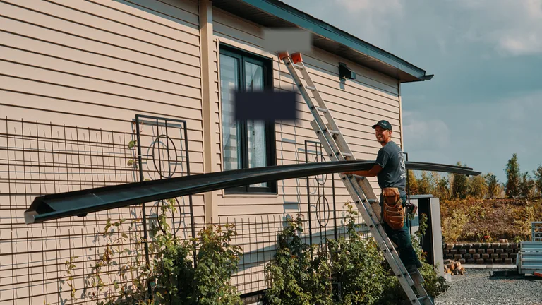 Installer carrying a dark seamless gutter section up a ladder in Tarrant County
