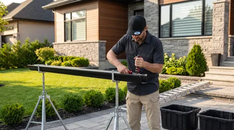 Installer fastening an anthracite gutter under a residential roof — Calmar, AB